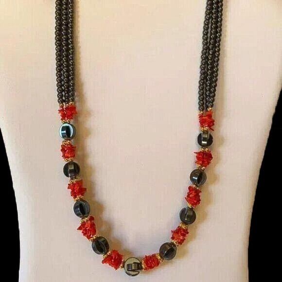 Vintage Jewelry - Vintage Hematite & Red Coral Necklace